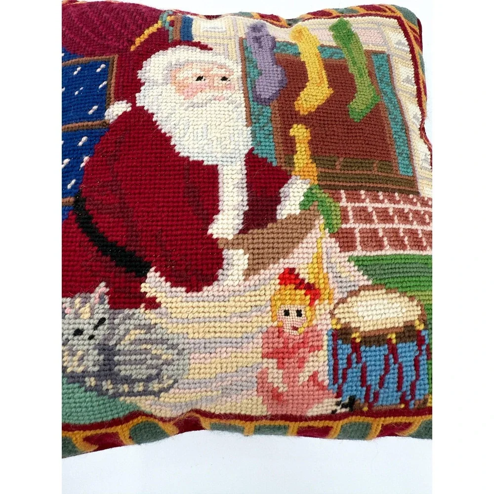 Christmas Needlepoint Throw Pillow Santa Toys Stockings‎ Red Wool Velvet